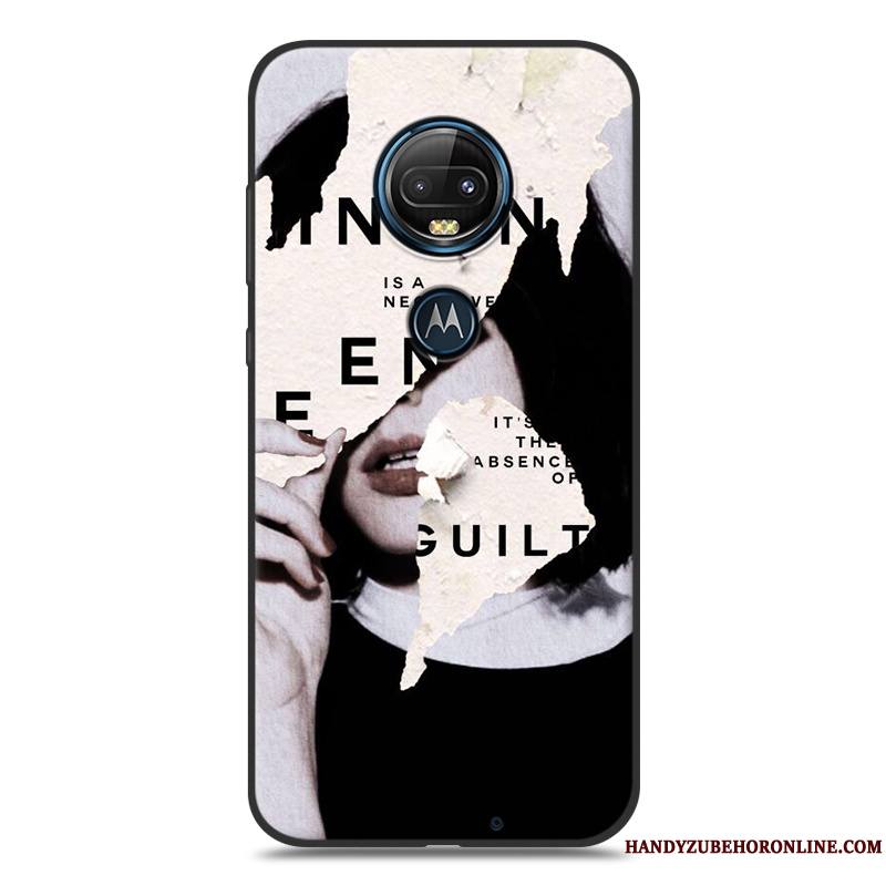 Moto G7 Plus Coque Délavé En Daim Tout Compris Fluide Doux Peinture Silicone Noir Étui