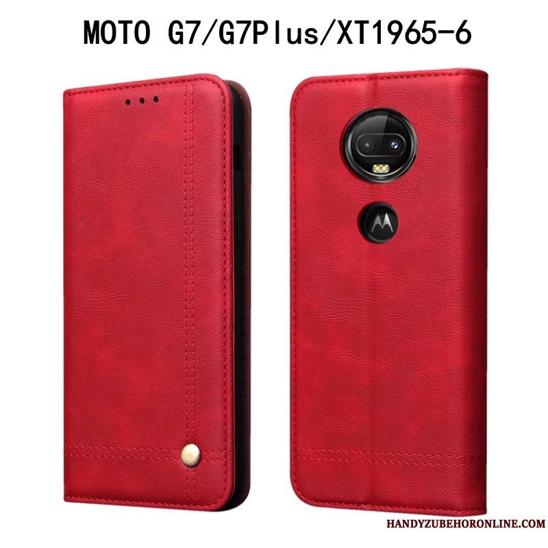 Moto G7 Plus Vintage Housse Coque De Téléphone Étui Étui En Cuir Rouge Protection