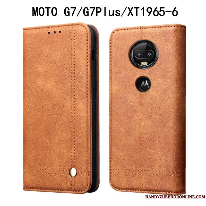 Moto G7 Plus Vintage Housse Coque De Téléphone Étui Étui En Cuir Rouge Protection