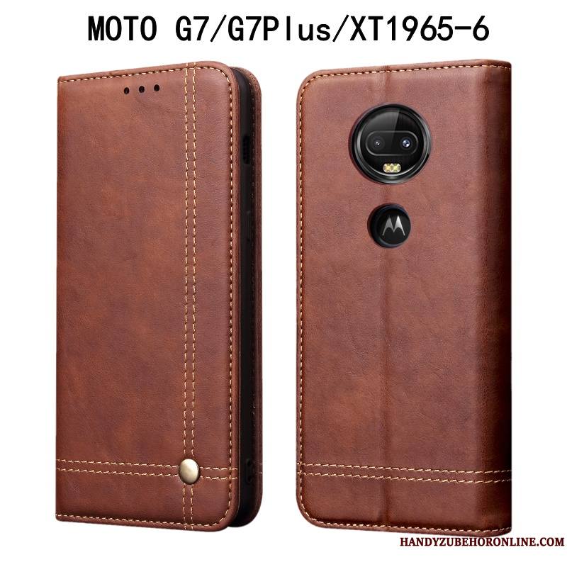 Moto G7 Plus Vintage Housse Coque De Téléphone Étui Étui En Cuir Rouge Protection