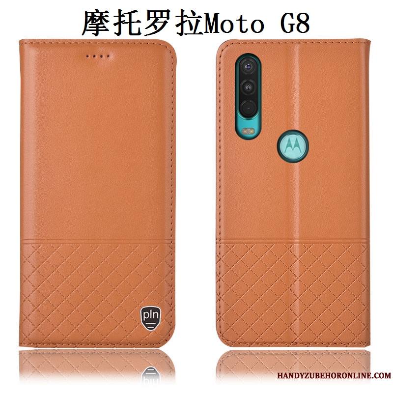 Moto G8 Coque De Téléphone Marron Incassable Étui Cuir Véritable Tout Compris Protection