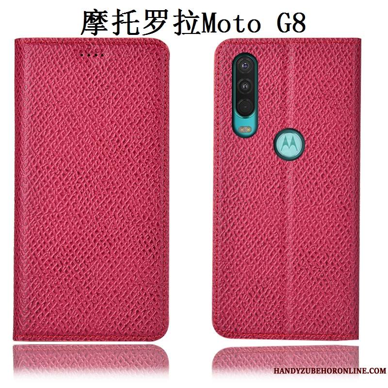 Moto G8 Cuir Véritable Incassable Mesh Modèle Fleurie Noir Étui En Cuir Coque De Téléphone