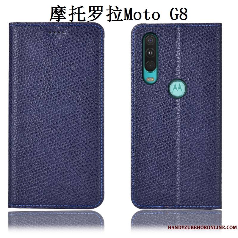 Moto G8 Cuir Véritable Incassable Mesh Modèle Fleurie Noir Étui En Cuir Coque De Téléphone