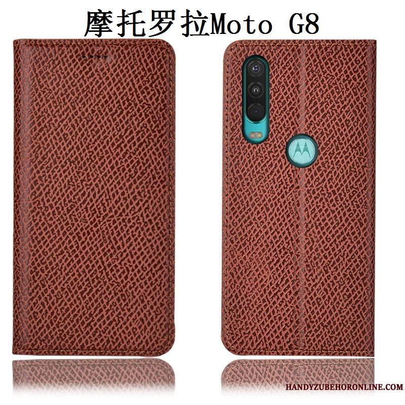 Moto G8 Cuir Véritable Incassable Mesh Modèle Fleurie Noir Étui En Cuir Coque De Téléphone