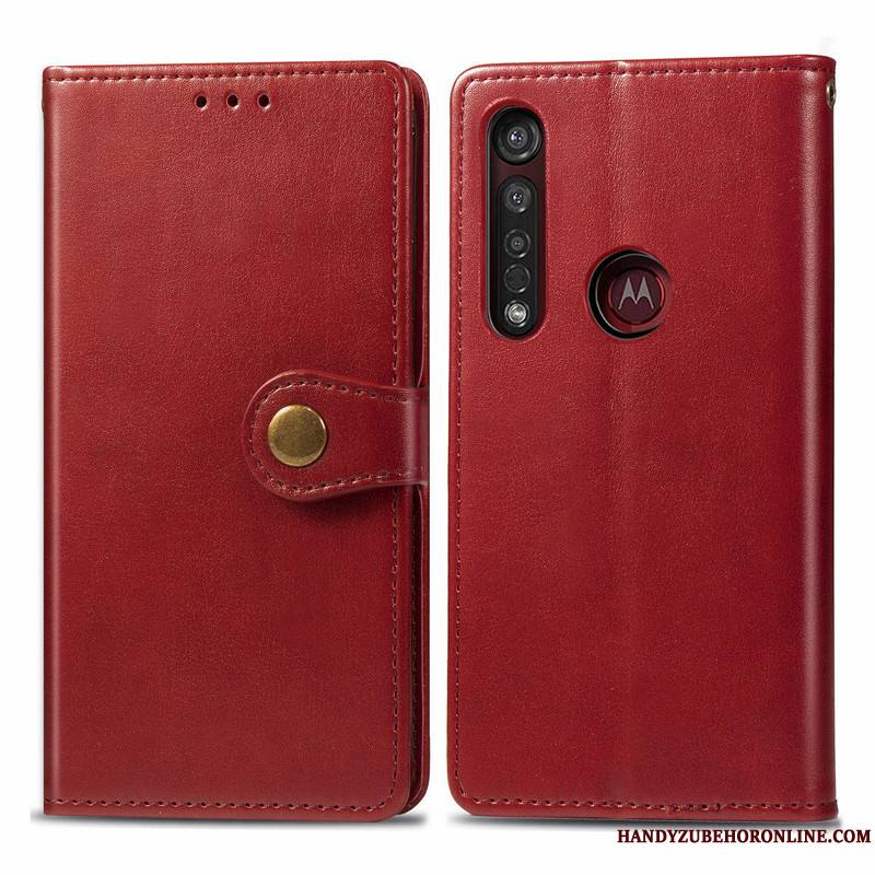 Moto G8 Plus Coque Ornements Suspendus Couleur Unie Protection Simple Housse Étui En Cuir Rouge