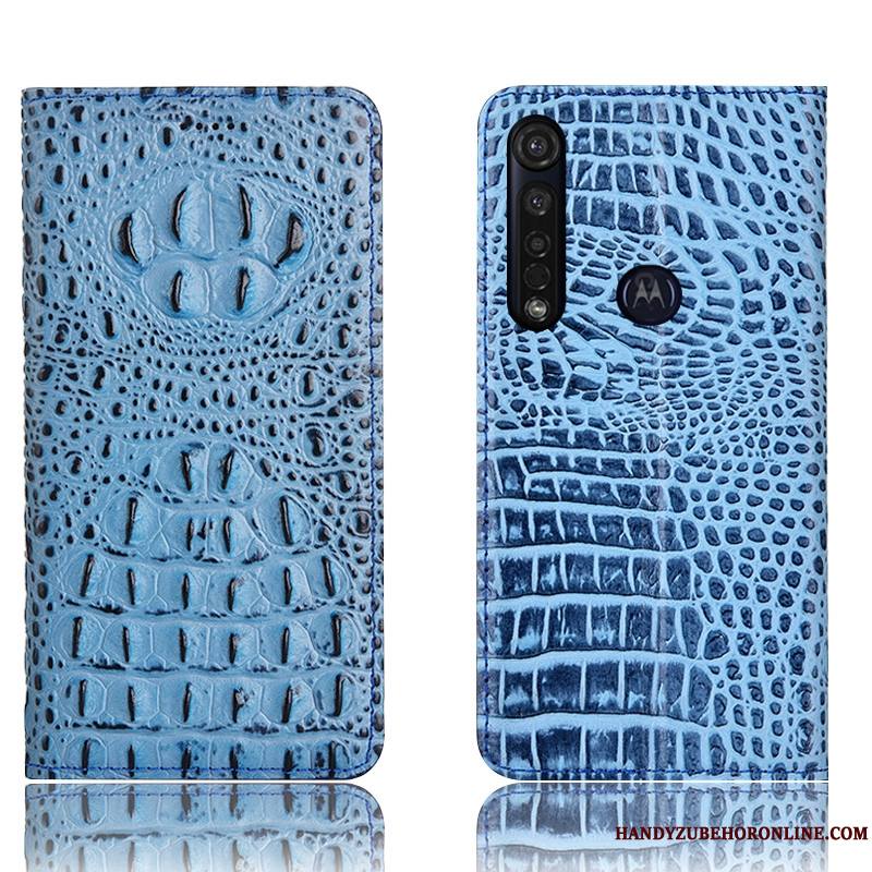 Moto G8 Plus Coque Tout Compris Incassable Crocodile Housse Protection Bleu Étui En Cuir