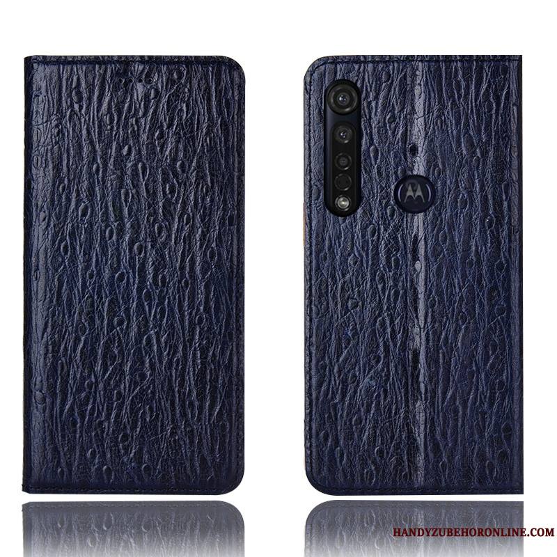 Moto G8 Plus Housse Modèle Fleurie Cuir Véritable Bleu Coque De Téléphone Oiseau Protection