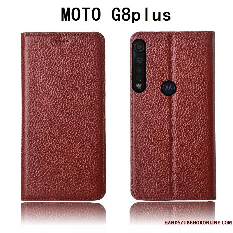 Moto G8 Plus Incassable Coque De Téléphone Cuir Véritable Litchi Nouveau Fluide Doux Protection