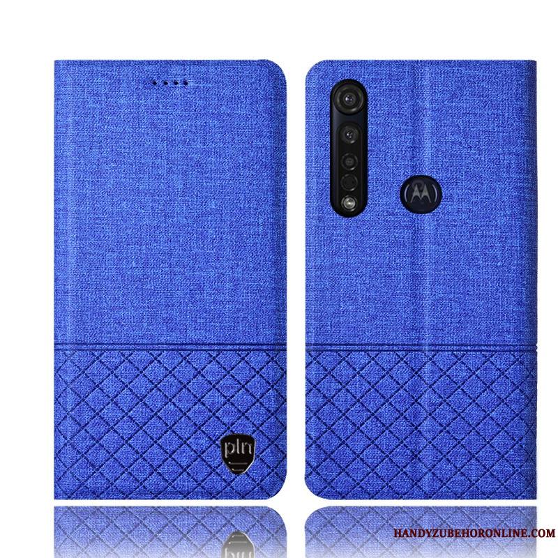 Moto G8 Plus Lin Housse Étui En Cuir Coque De Téléphone Tout Compris Protection Gris