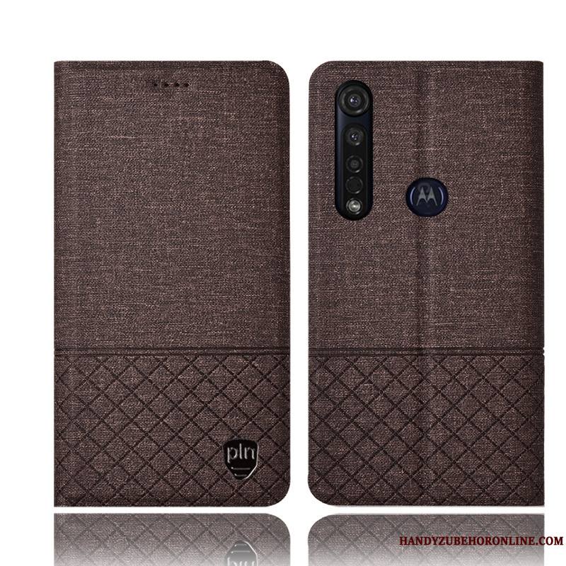 Moto G8 Plus Lin Housse Étui En Cuir Coque De Téléphone Tout Compris Protection Gris