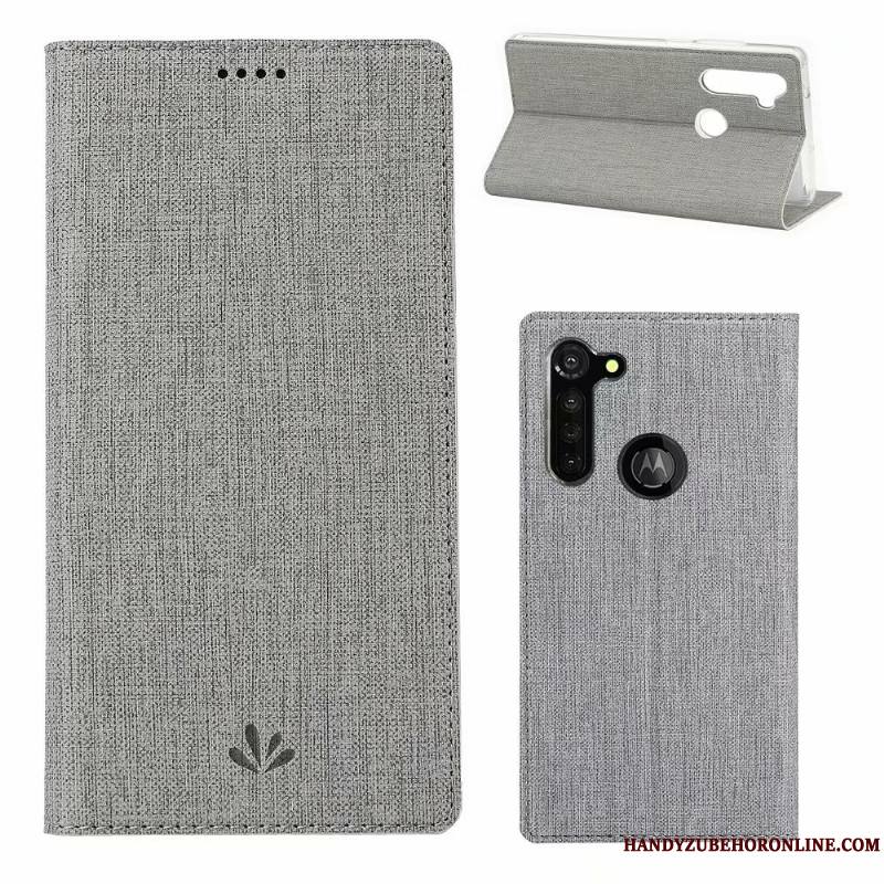 Moto G8 Power Coque Protection Modèle Fleurie Carte Étui En Cuir Gris Tissu Housse