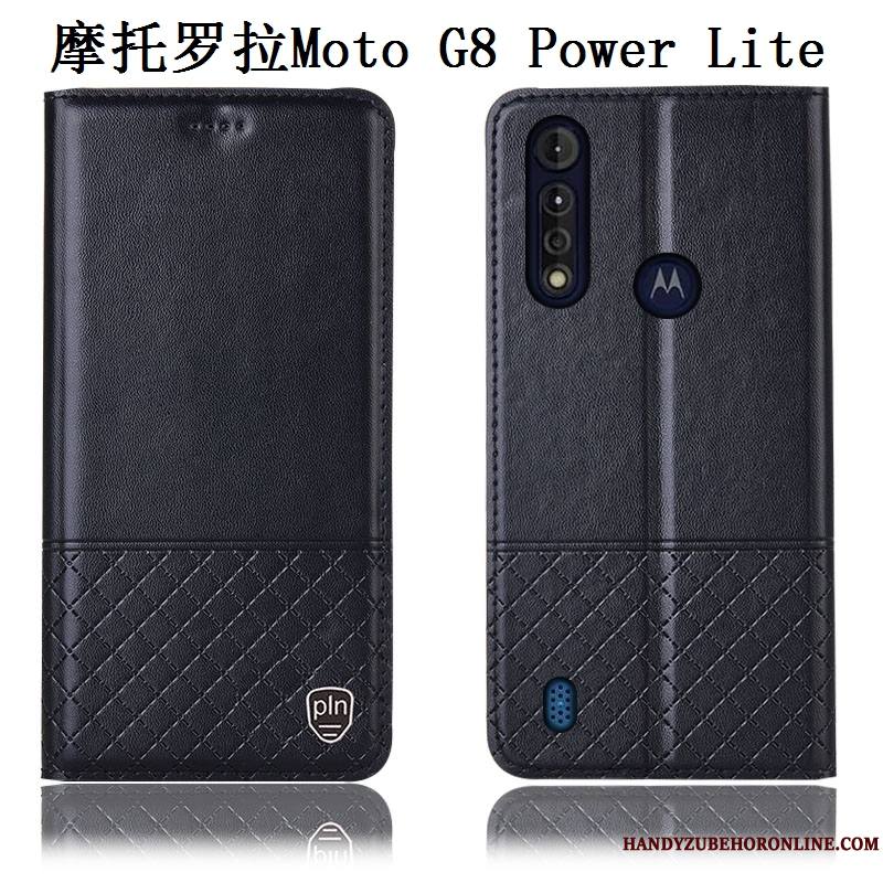 Moto G8 Power Lite Cuir Véritable Bleu Étui En Cuir Coque De Téléphone Incassable