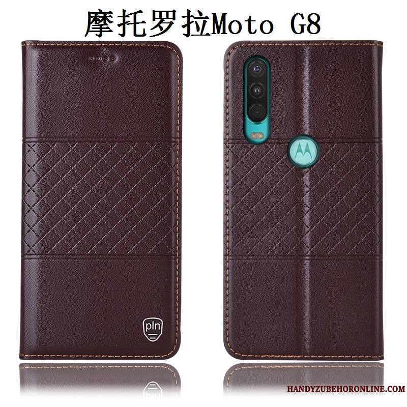 Moto G8 Étui Tout Compris Rouge Incassable Coque De Téléphone Protection Cuir Véritable