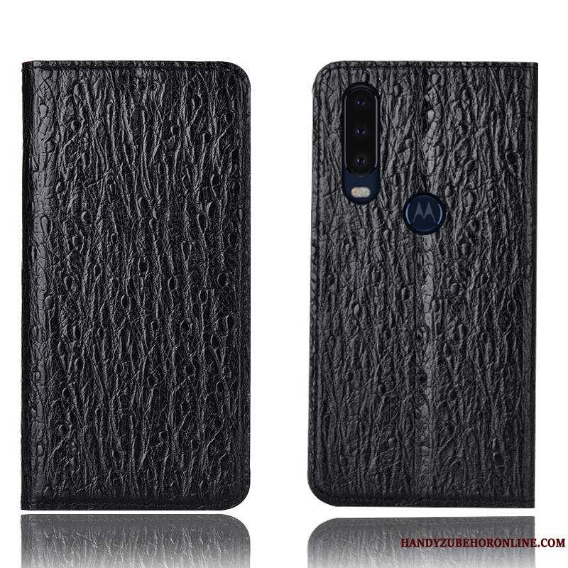 Motorola One Action Coque Incassable Modèle Fleurie Bleu Oiseau Étui Protection Cuir Véritable