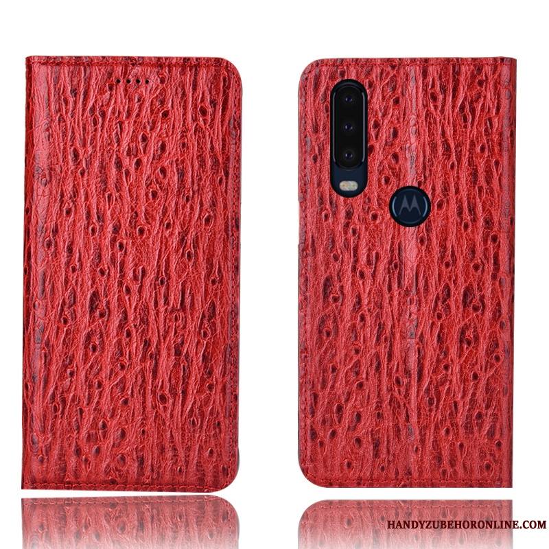 Motorola One Action Coque Incassable Modèle Fleurie Bleu Oiseau Étui Protection Cuir Véritable