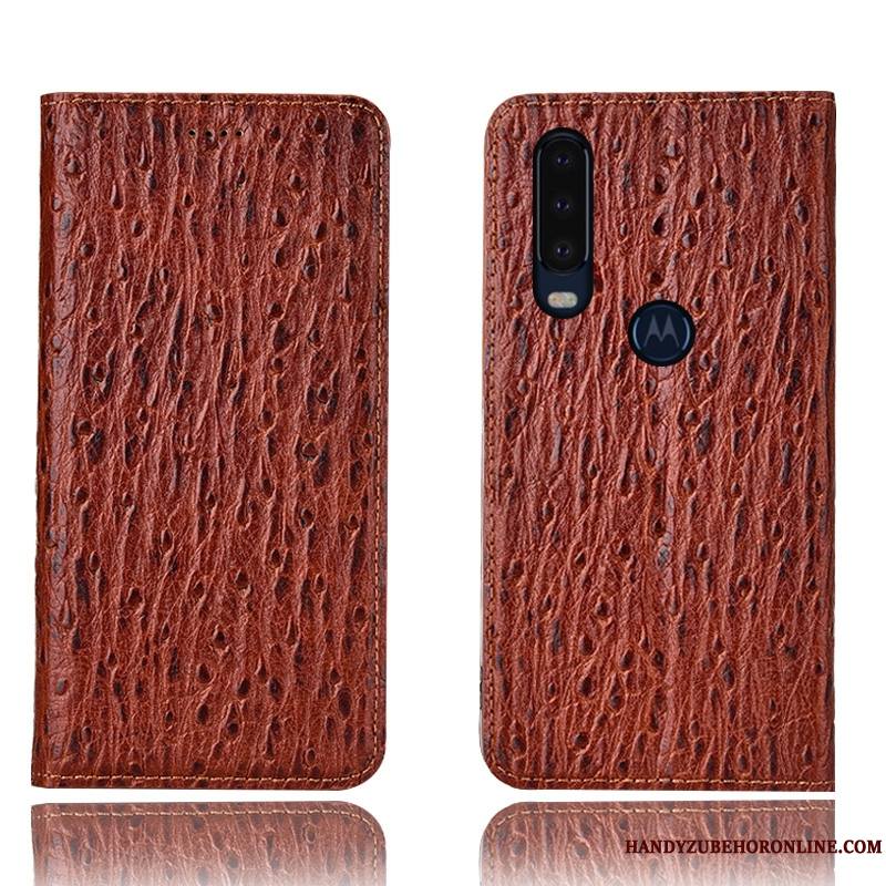 Motorola One Action Coque Incassable Modèle Fleurie Bleu Oiseau Étui Protection Cuir Véritable