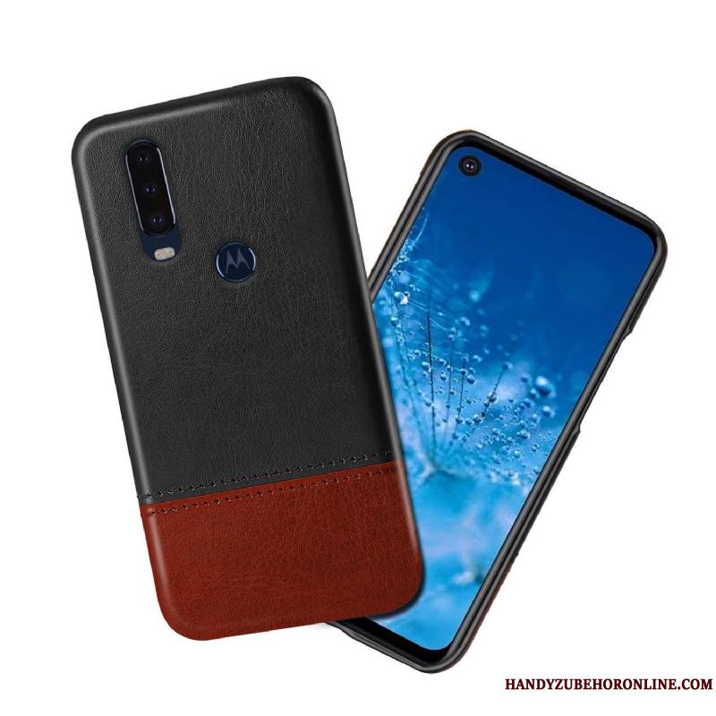 Motorola One Action Étui En Cuir Noir Couture Couleurs Incassable Coque De Téléphone