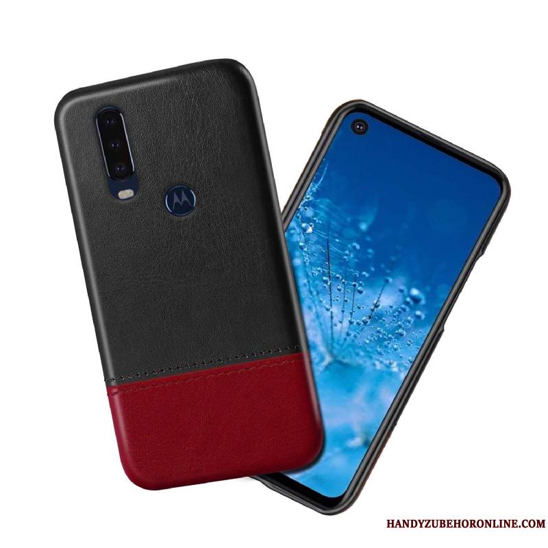 Motorola One Action Étui En Cuir Noir Couture Couleurs Incassable Coque De Téléphone