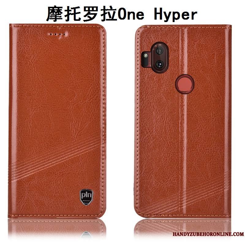 Motorola One Hyper Coque De Téléphone Incassable Housse Étui Marron Cuir Véritable Protection