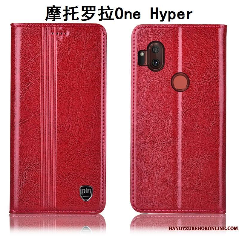 Motorola One Hyper Cuir Véritable Coque De Téléphone Protection Étui Tout Compris Rouge Housse