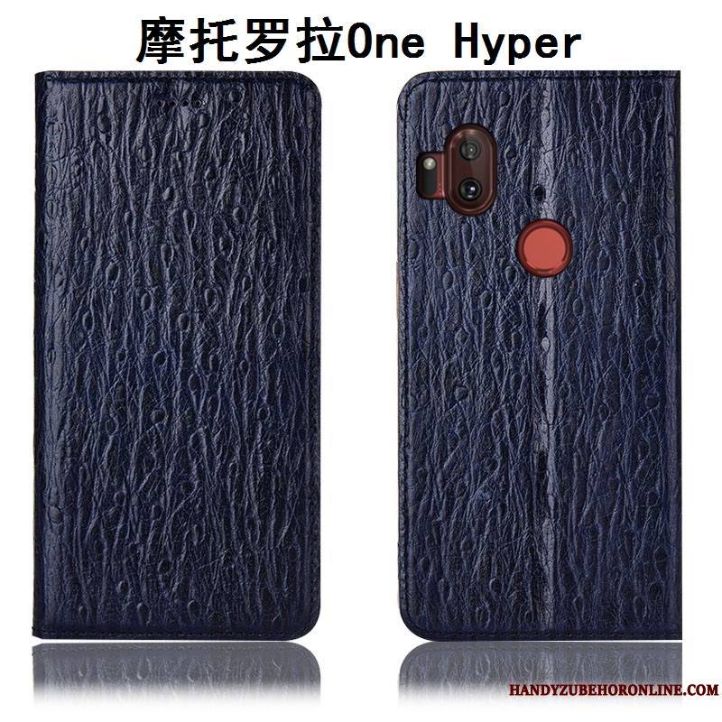 Motorola One Hyper Étui Bleu Marin Housse Cuir Véritable Modèle Fleurie Oiseau Coque De Téléphone