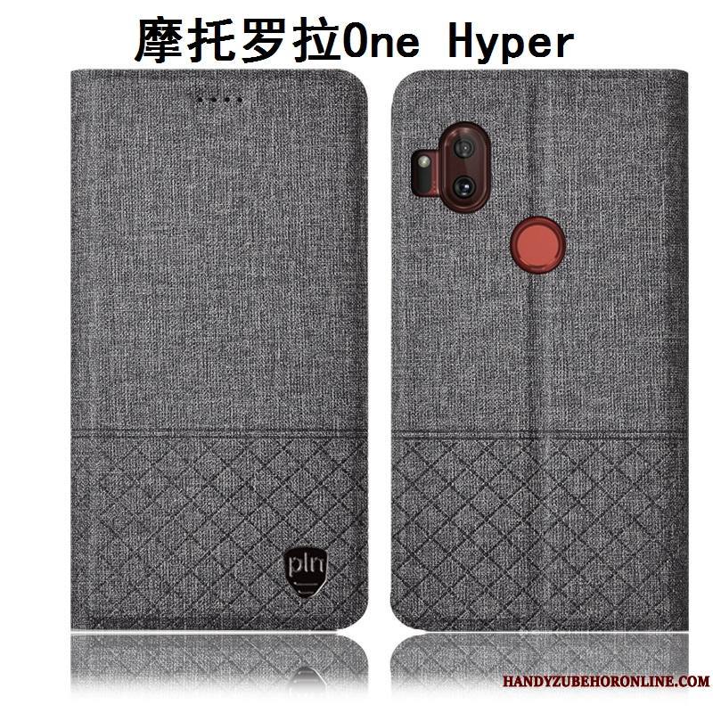 Motorola One Hyper Étui En Cuir Coque De Téléphone Lin Incassable Gris Protection Housse