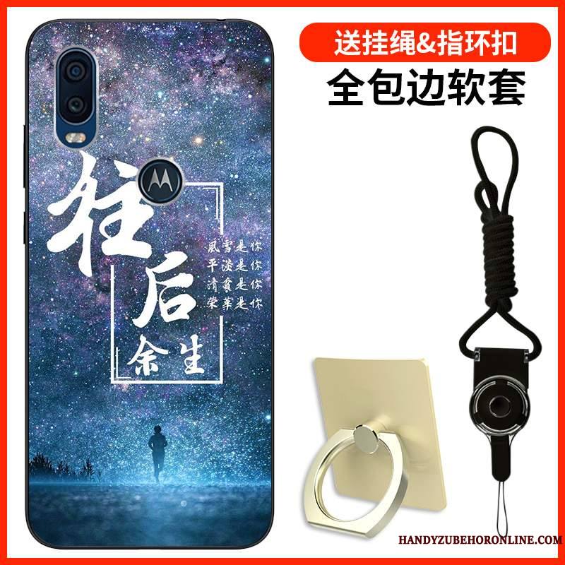 Motorola One Vision Coque Dessin Animé Simple Protection Personnalité Bleu Incassable Étui