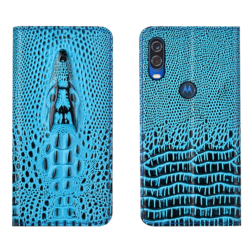 Motorola One Vision Cuir Véritable Coque De Téléphone Jaune Étui Protection Crocodile Incassable