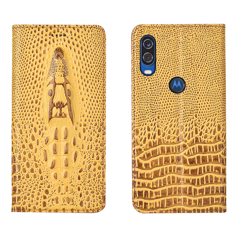 Motorola One Vision Cuir Véritable Coque De Téléphone Jaune Étui Protection Crocodile Incassable