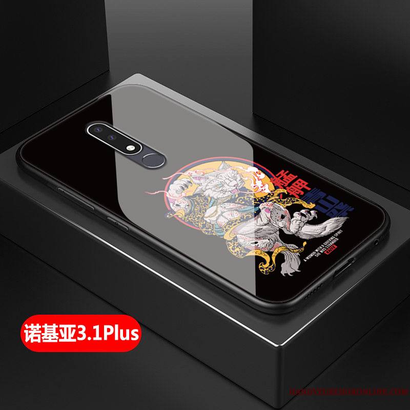 Nokia 3.1 Plus Coque Étui Verre Marque De Tendance Fluide Doux Net Rouge Noir Dessin Animé