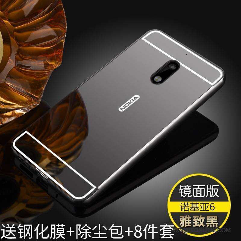 Nokia 6 Métal Étui Coque De Téléphone Délavé En Daim Border Noir Miroir