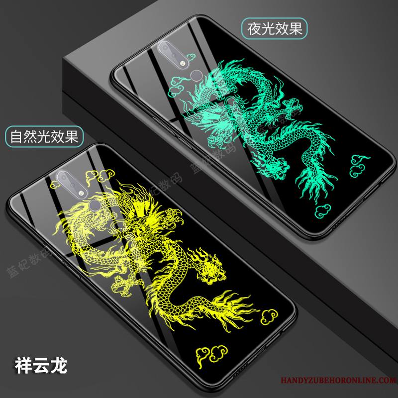 Nokia 7.1 Lumineuses Verre Dragon Coque De Téléphone Totem Noir Style Chinois