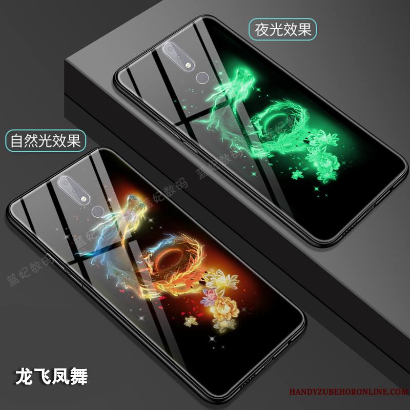 Nokia 7.1 Lumineuses Verre Dragon Coque De Téléphone Totem Noir Style Chinois