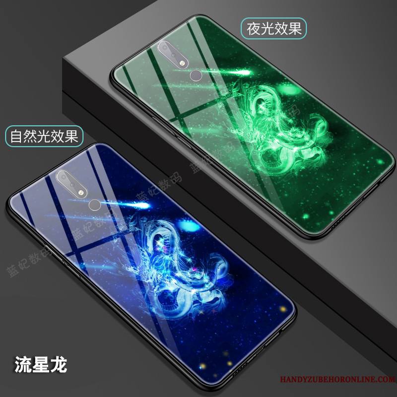 Nokia 7.1 Lumineuses Verre Dragon Coque De Téléphone Totem Noir Style Chinois