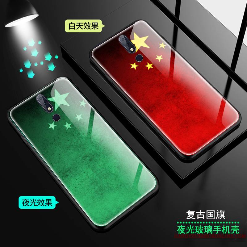 Nokia 7.1 Style Chinois Étoile Coque De Téléphone Verre Lumineuses Rouge