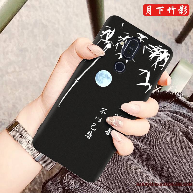 Nokia 8.1 Coque Fluide Doux Dessin Animé Noir Étui Modèle Fleurie Silicone Délavé En Daim