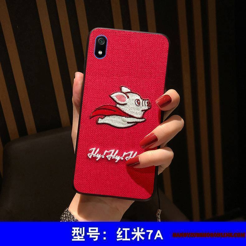 Redmi 7a Coque Charmant Broderie Silicone Marque De Tendance Rouge Étui Fluide Doux