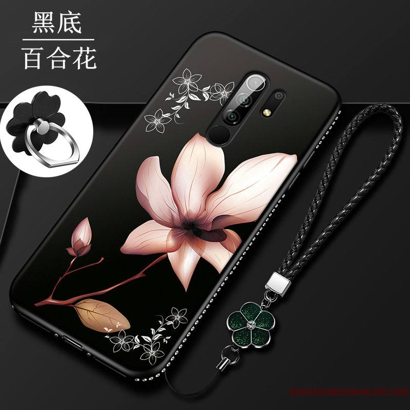 Redmi 9 Coque Art Fleur Noir Petit Tendance Fluide Doux