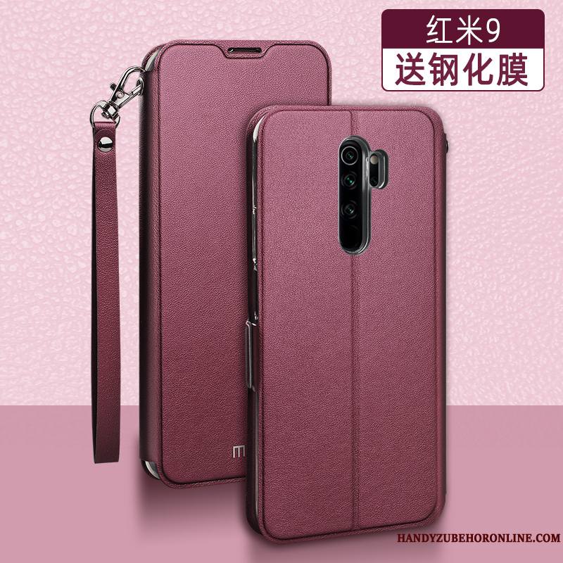 Redmi 9 Étui En Cuir Coque De Téléphone Marque De Tendance Clamshell Rose Incassable Rouge