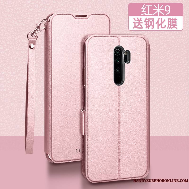 Redmi 9 Étui En Cuir Coque De Téléphone Marque De Tendance Clamshell Rose Incassable Rouge