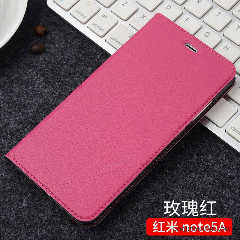 Redmi Note 5a Incassable Petit Étui En Cuir Clamshell Marron Coque De Téléphone Rouge