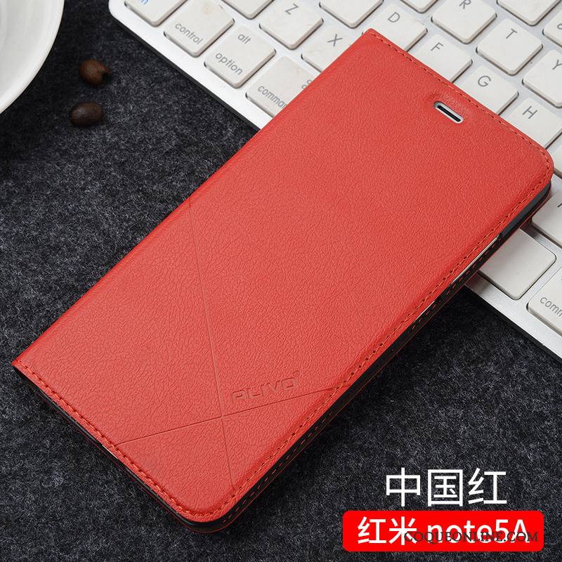 Redmi Note 5a Incassable Petit Étui En Cuir Clamshell Marron Coque De Téléphone Rouge