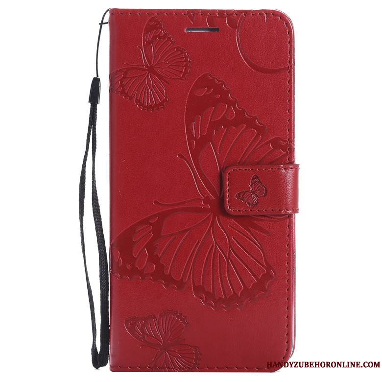Redmi Note 7 Coque Bleu Marin Étui En Cuir Fleurs De Papillons Rouge Protection Petit Incassable