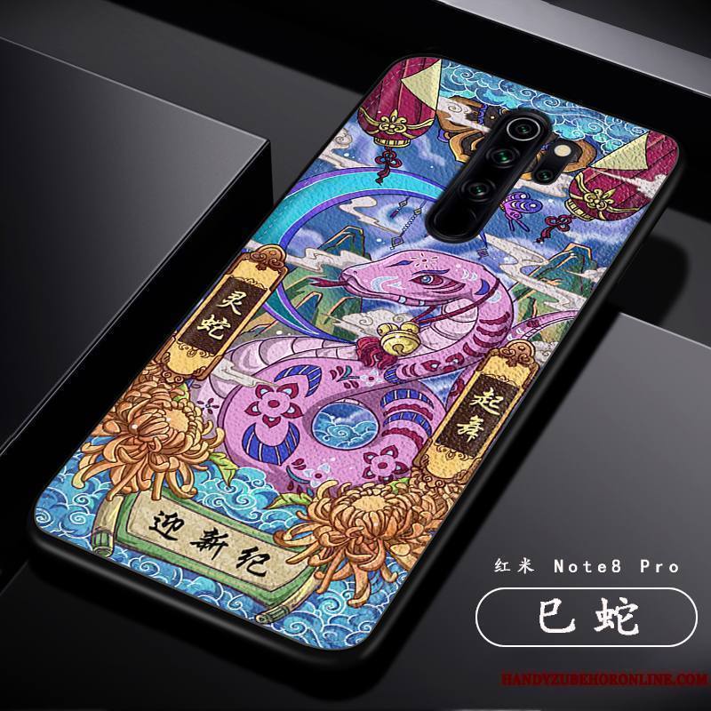 Redmi Note 8 Pro Coque Tout Compris Créatif Dragon Modèle Fleurie Tendance Personnalité Rouge