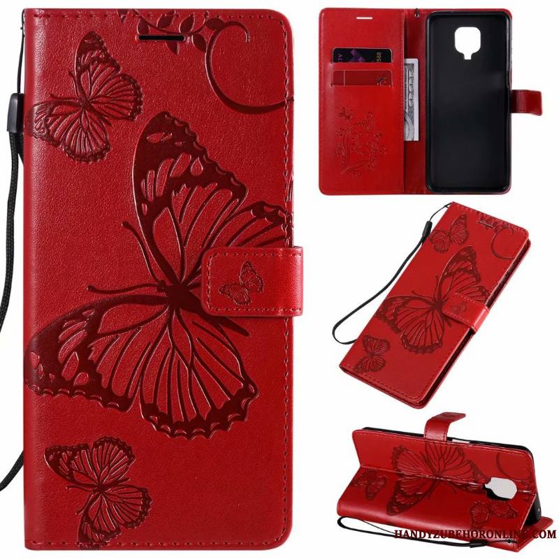 Redmi Note 9 Pro Tout Compris Coque De Téléphone Papillon Rouge Grand Étui En Cuir Violet