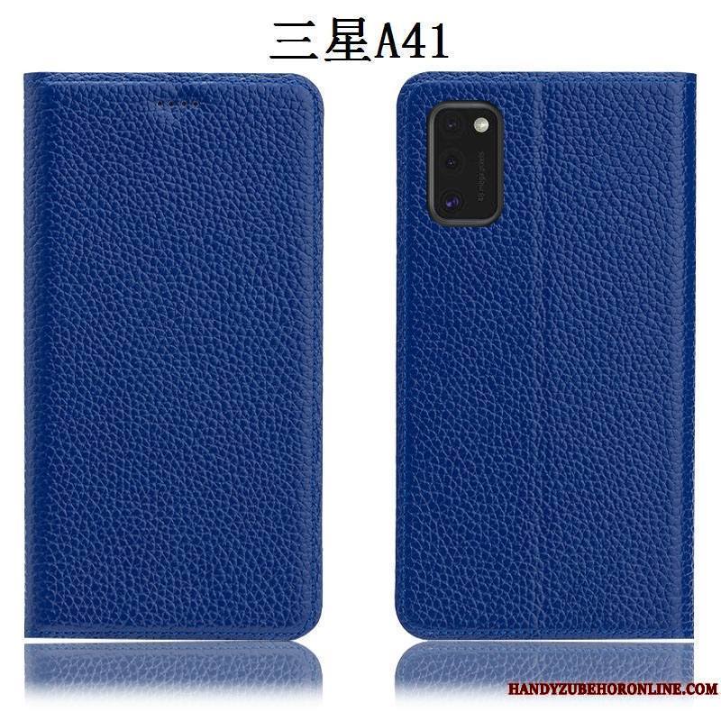 Samsung Galaxy A41 Coque Protection Noir Incassable Étui Litchi Étui En Cuir Étoile