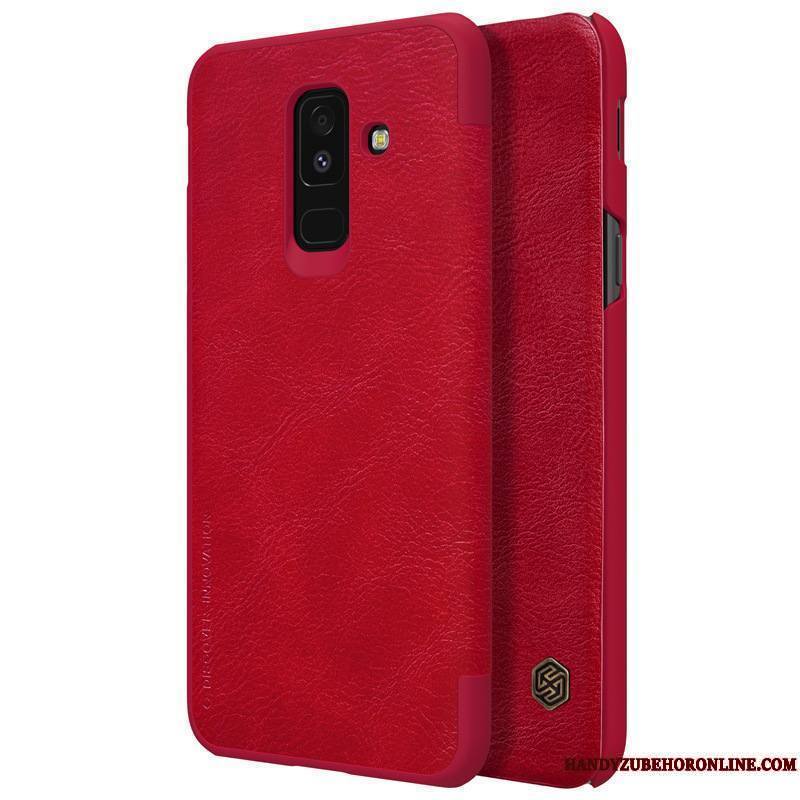 Samsung Galaxy A6+ Étoile Rouge Or Coque De Téléphone Cuir Véritable Clamshell Étui En Cuir