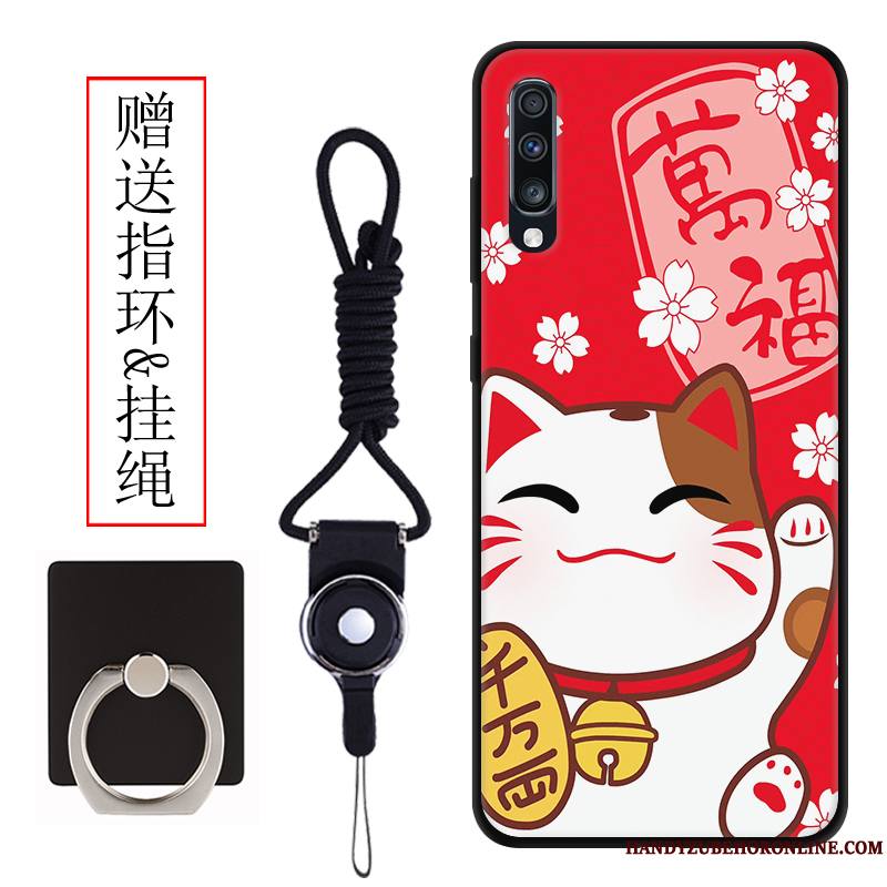 Samsung Galaxy A70 Protection Coque De Téléphone Chat Délavé En Daim Étui Dessin Animé Rouge