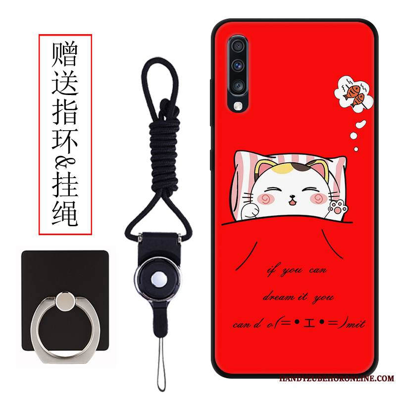 Samsung Galaxy A70 Protection Coque De Téléphone Chat Délavé En Daim Étui Dessin Animé Rouge