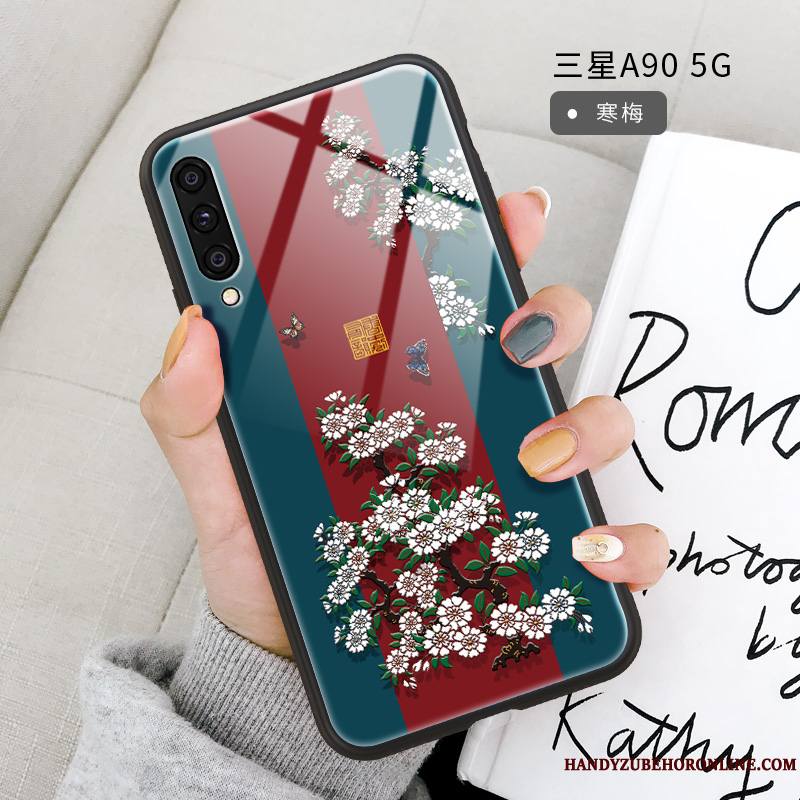 Samsung Galaxy A90 5g Coque Frais Tendance Miroir Net Rouge Étoile Verre Petit